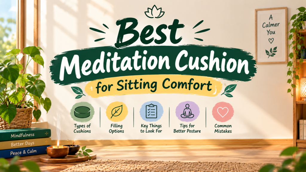 Illustration of a round zafu, a crescent cushion and a bolster meditation cushion on a wooden floor