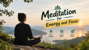 Illustration of a person meditating in front of a bright rising sun with warm glowing rays