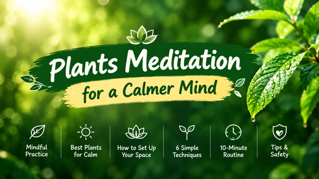 Illustration of a person meditating on a cushion in a room with a snake plant, hanging pothos and a small potted plant