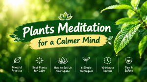 Illustration of a person meditating on a cushion in a room with a snake plant, hanging pothos and a small potted plant