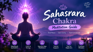 Illustration of a person meditating with a glowing violet lotus above their head representing the crown chakra