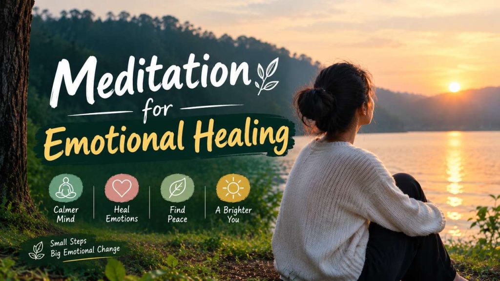 Illustration of a person meditating with both hands over their heart in a soft, warm setting