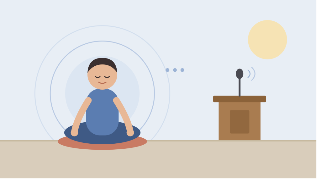Illustration of a calm person meditating on a cushion next to a speaker’s podium and microphone